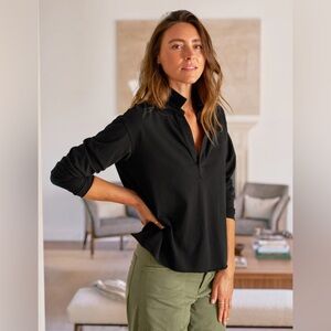 Frank & Eileen Tee Lab Black Cotton Popover Split Neck Top Small